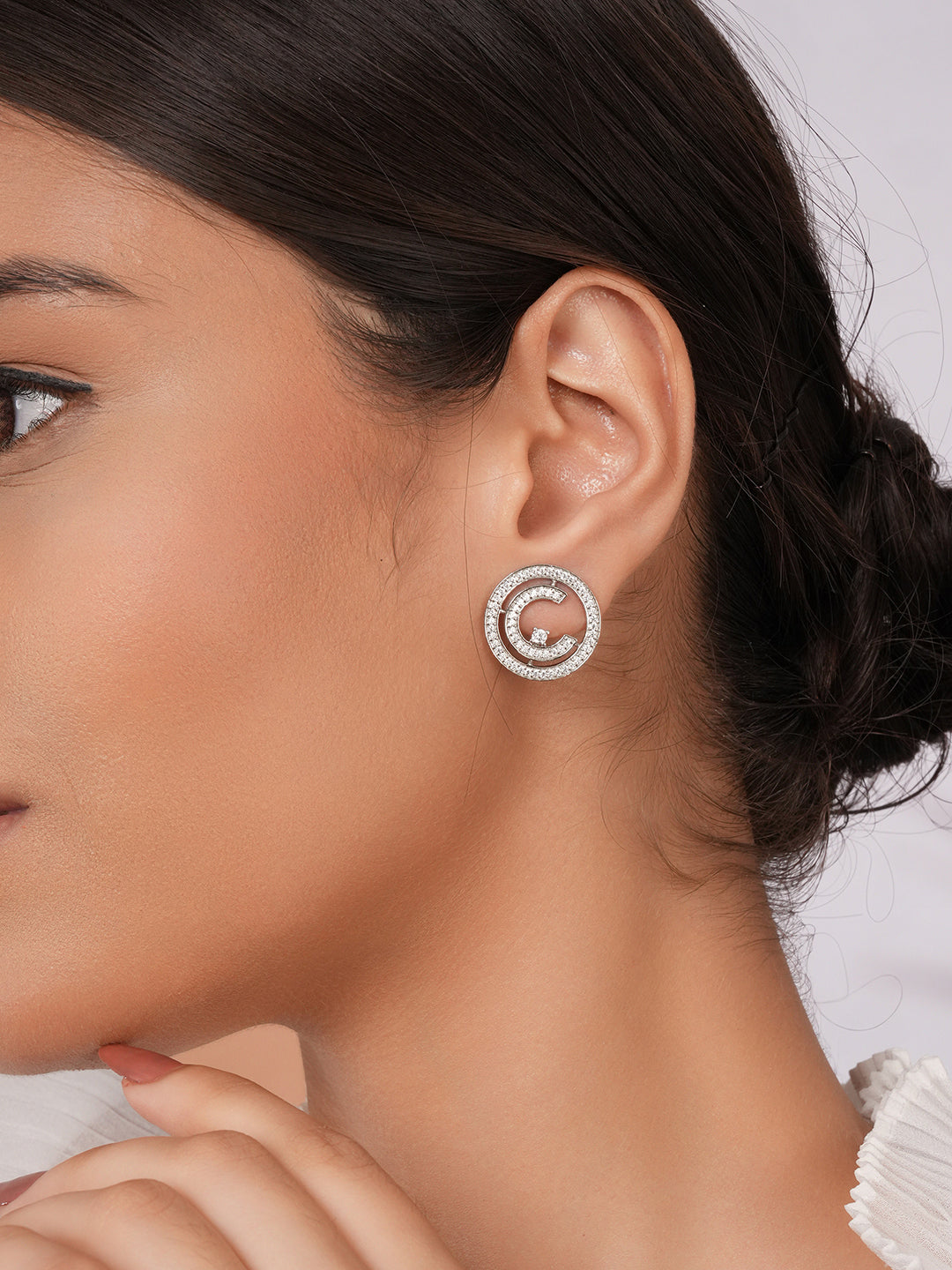 925 Sterling Silver Cubic Zirconia Concentric Circle  Studds Earring